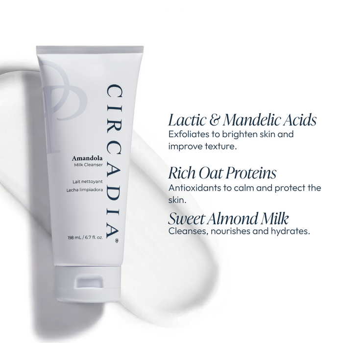 A tube of Amandola Milk Cleanser | Circadia displayed with a creamy texture on a white background, highlighting its benefits for exfoliating, nourishing, and hydrating the skin.