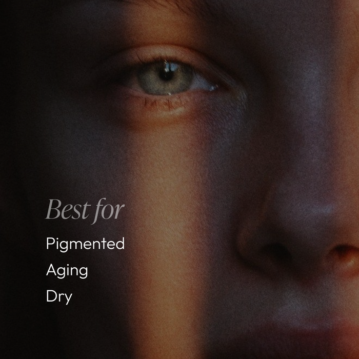 Close-up of a person’s face with soft natural light highlighting the skin, accompanied by text stating "Best for Pigmented, Aging, Dry" conditions, promoting Amandola Milk Cleanser | Circadia skincare.