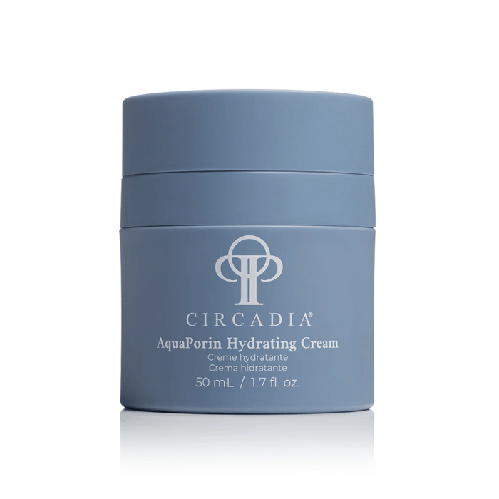 Blue container of AquaPorin Hydrating Cream | Circadia skincare product displayed on a white background emphasizing hydration and body care.