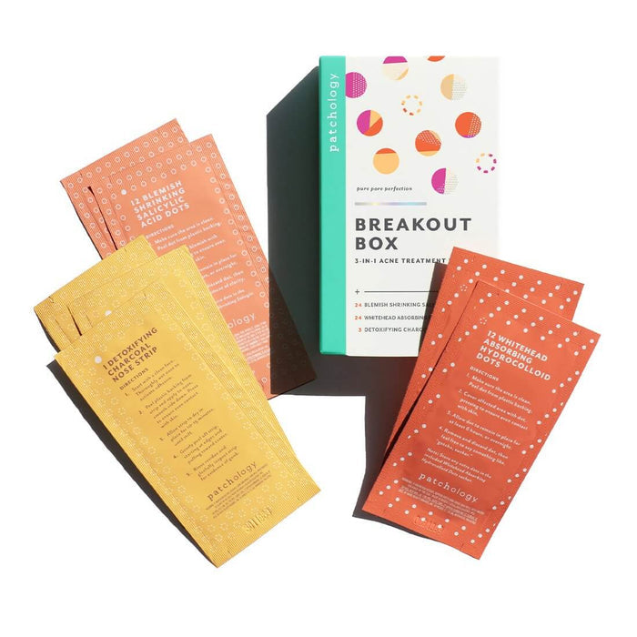 Breakout Box 3-In-1 Acne Treatment Kit | Patchology with colorful sachets of blemish clearing and detoxifying skincare patches arranged around the product box on a white background.