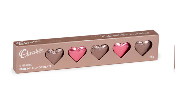 CHOCILO Chocolatier Australia 6 Pack Solid Milk Chocolate Hearts Gift Box (Pink & Mocha) - 45g