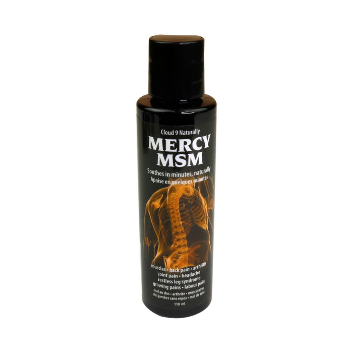 Cloud 9 Naturally Mercy MSM Lotion 110 ml; Canadian-made Mercy MSM pain relief lotion; non-greasy MSM lotion with menthol; Mercy MSM lotion bottle close-up; topical relief lotion with essential oils; Cloud 9 Naturally lotion for everyday aches