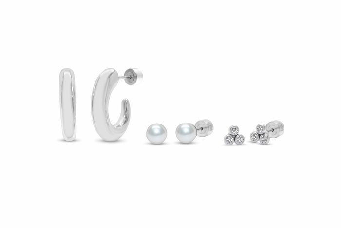 Isla Hoop Pearl Trio Silver Earring Set