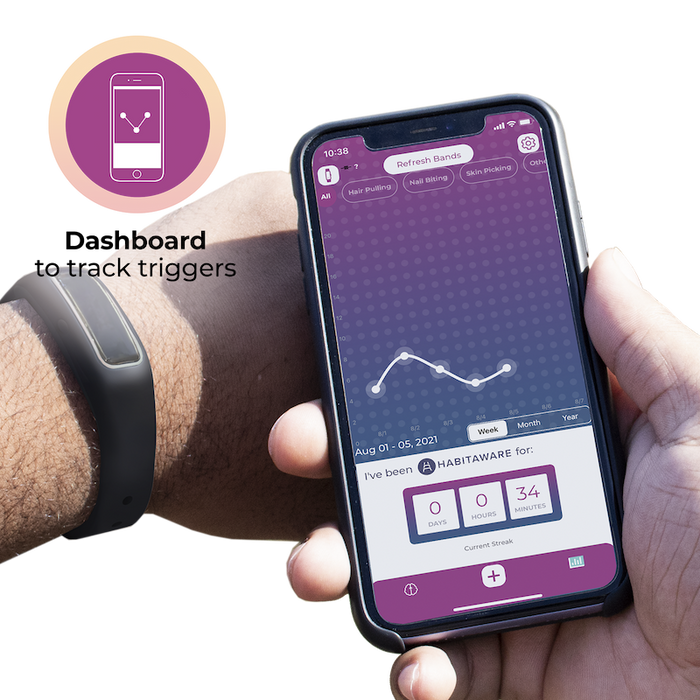 A person is holding a smart phone with a Keen2 Awareness Bracelet on it.