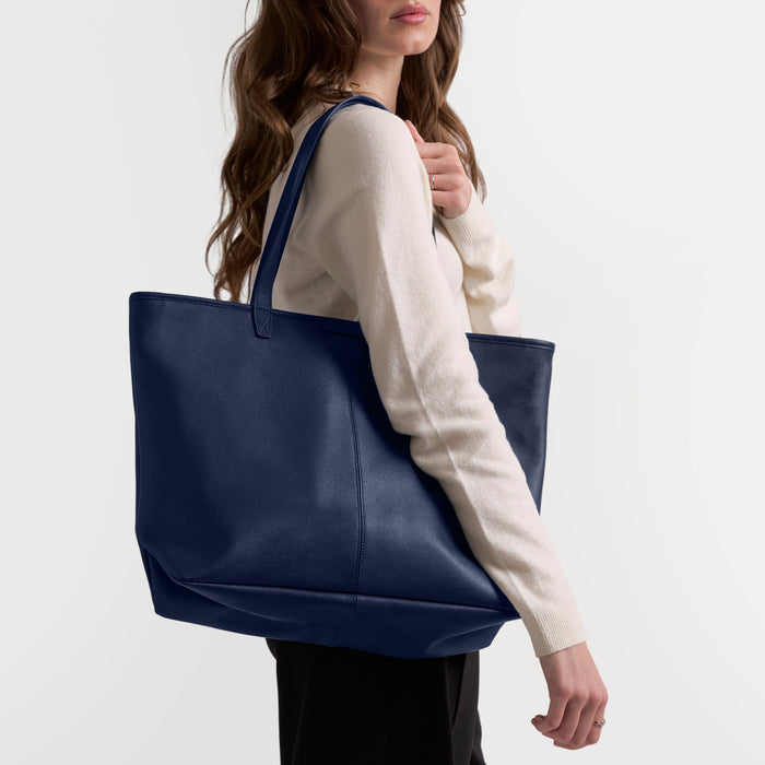 Large Zippered Downtown Tote Navy Blue