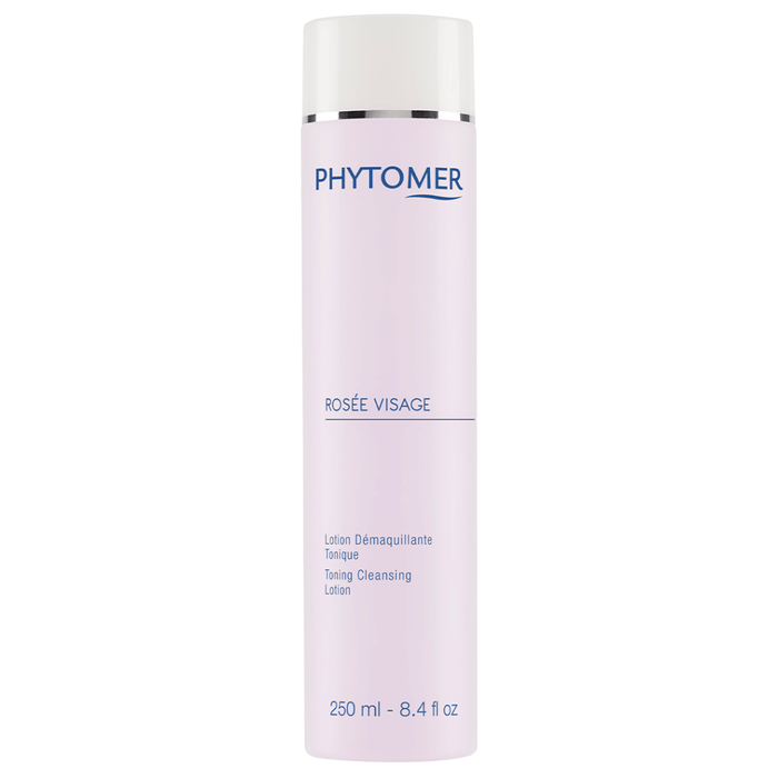 Bottle of Rosée Visage (Toning Cleansing Lotion) | Phytomer in pale pink with white cap, designed for skincare cleansing and toning.