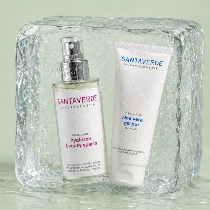 Santaverde hyaluron beauty splash und aloe vera gel pur in einem Eisblock
